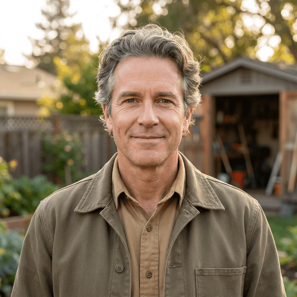 Michael Chrismon standing in a well-maintained Cornwall yard, tools at his side