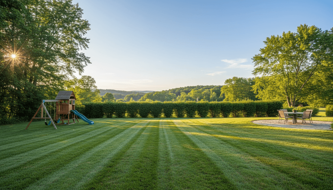 A freshly mowed lawn with trimmed hedges in a Cornwall backyard