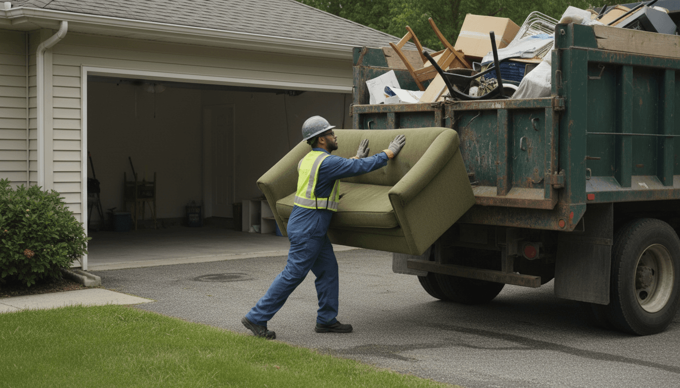 Worker loading an old couch into a dump truck for removal