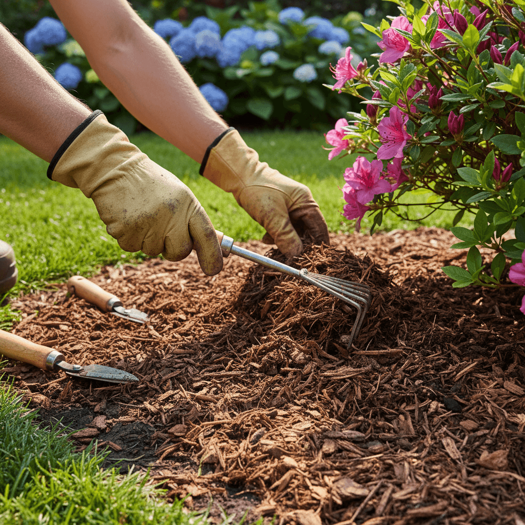 Landscaping owner kneeling beside a freshly edged flower bed in Cornwall