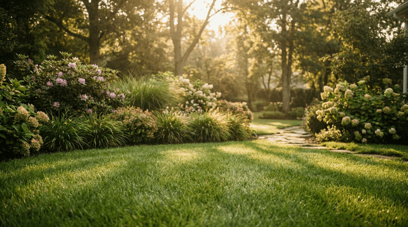 Manicured lawn with trimmed hedges at a suburban home