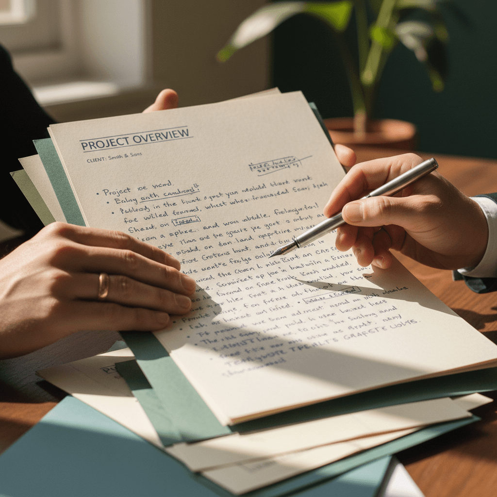 Owner holding a written estimate for a client