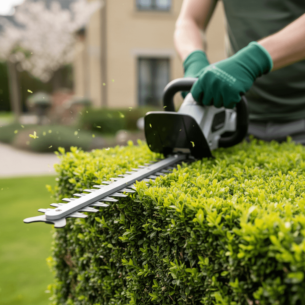 Michael trimming hedges at a residential property in Cornwall during daylight