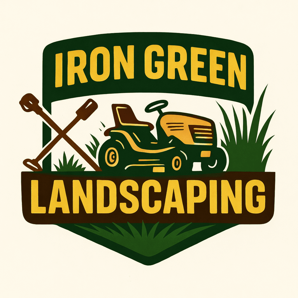 Iron Green Landscaping logo featuring a yellow riding mower, crossed gardening tools, and green grass.