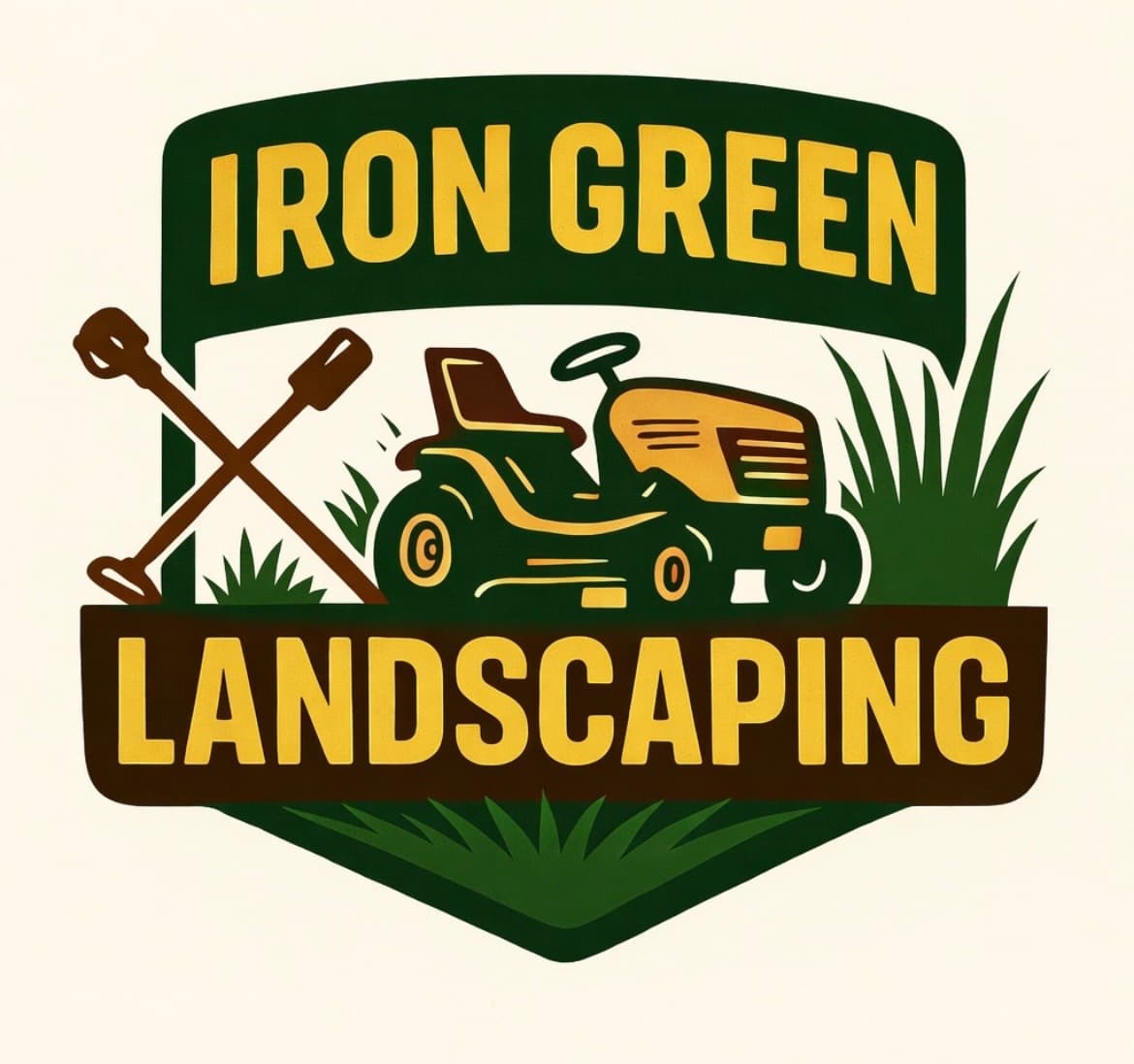 Iron Green Landscaping logo featuring a riding mower, crossed gardening tools, and green grass.